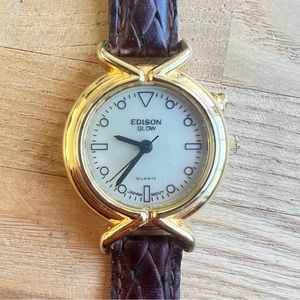Edison glow ladies gold tone brown leather dress watch